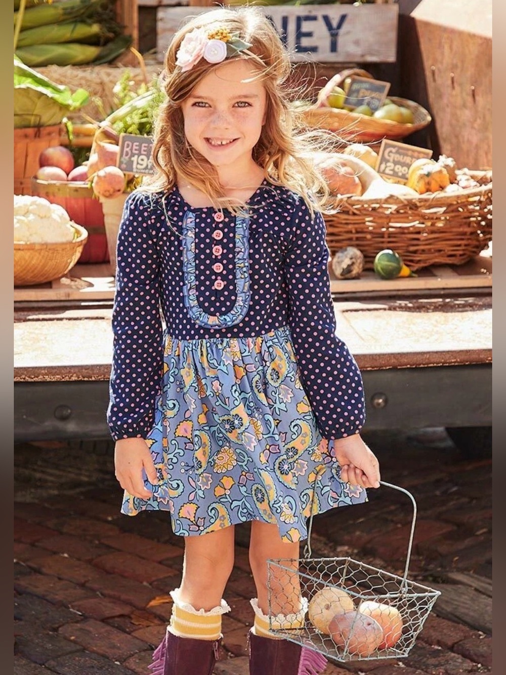 Matilda Jane Girls' Navy Polka Dot and Floral Long-Sleeve Dress
